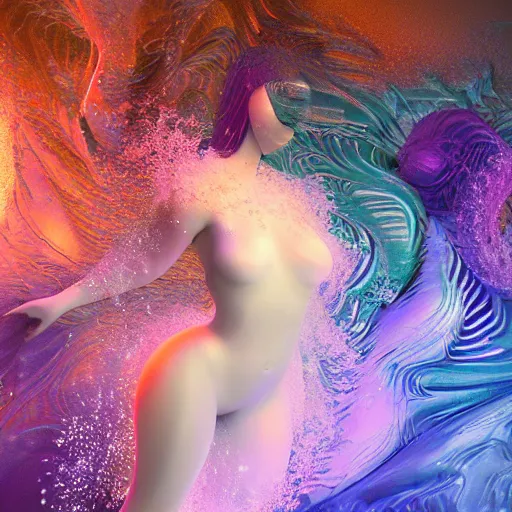 Image similar to 3 d pyro liquid simulation render, octane render, xparticles, white colors, female bodies, female body covered in white blanket, white carved abstract sculpture, amethyst mineral quartz, swirly curls, abstract white fluid, golden edges and fractals, cold colors, artstation, render, cinema 4 d, art noveau fresco