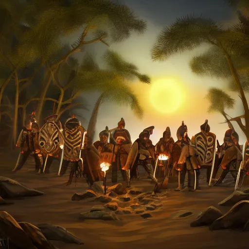 Image similar to A group of armoured Spanish conquistadors holding torches on a sandy beach Cove in middle of a magical forest in a dark night. Inca ruins in the background. Pale crescent moon in the sky. detailed digital painting, artstation