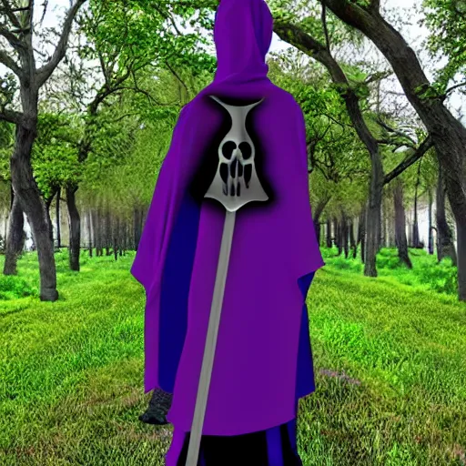 Image similar to grim reaper, purple cloak, full body, scythe