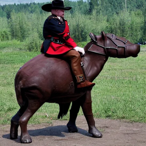 Image similar to a mountie riding on a hippo