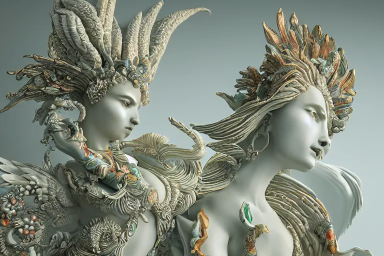 Image similar to a closeup photo - real delicate ceramic porcelain sculpture of an ornate detailed phoenix goddess in front of an intricate background by rafael, micro detail, backlit lighting, subsurface scattering, translucent, thin porcelain, emerald, jade, octane renderer, colorful, physically based rendering, trending on cgsociety