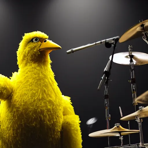 Prompt: big bird playing the drums centre stage at Wembley stadium, photorealistic, 4k