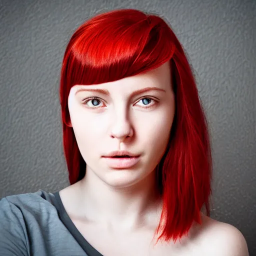 Image similar to portrait of a plain looking young white female model red hair and uneven skintone and a round shaped face