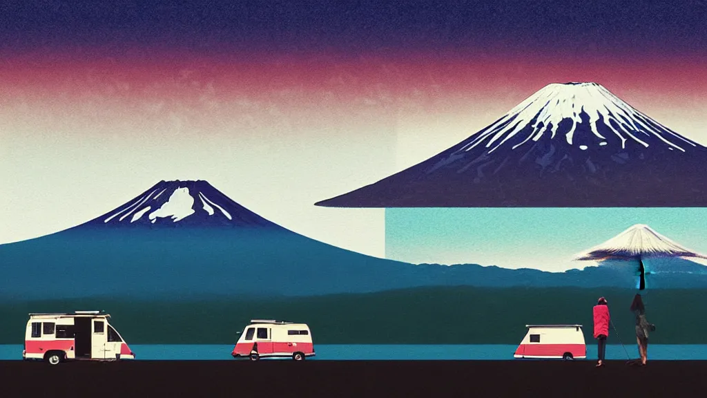 Image similar to a scene of two travellers and their camper touring overlook at the edge of yamanaka lake, reflecting mount fuji and a dramatic sky, japan, a collage painting, in the style of wes anderson, lola dupre, david hockney, isolated on negative white space background dark monochrome neon spraypaint accents volumetric octane render