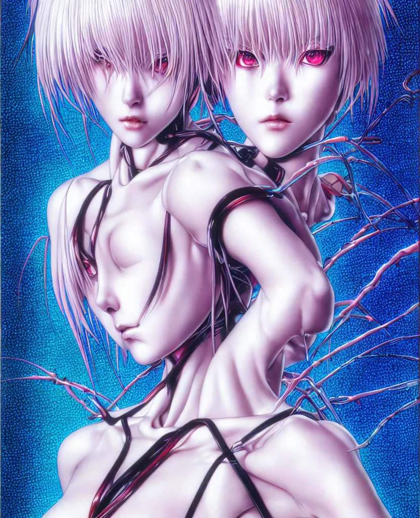 Image similar to realistic detailed image of ultra mega rainbow realistic detailed female character rei ayanami symmetrical depth perception masterpiece depth of field action horror gothic vivid colors art by yoshitaka amano by yukito kishiro by yoshiyuki sadamoto by artgerm by hajime sorayama, no artifacts!!!!!