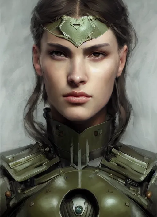 Image similar to a professional painting of a beautiful young female, clothed in military armor, olive skin, long dark hair, beautiful bone structure, symmetrical facial features, intricate, elegant, digital painting, concept art, smooth, sharp focus, illustration, from Metal Gear, by Ruan Jia and Mandy Jurgens and Artgerm and William-Adolphe Bouguerea