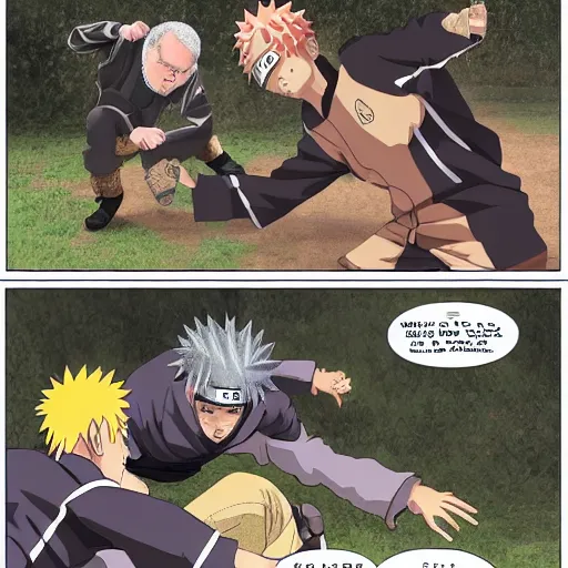 Prompt: naruto fighting old man, backyard wrestling, intricate complexity, extremely detailed, very sharp,