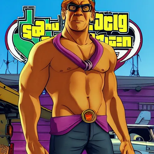 Prompt: Scooby Doo in GTA 5, cover art by stephen Bliss, no text, wearing a bikini, holding a gun, trending on artstation