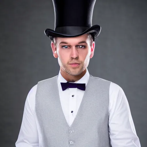 Prompt: handsome man wearing a white shirt and a vest and a necktie and a top hat, medium shot, photography, high quality, studio lighting, 4k,