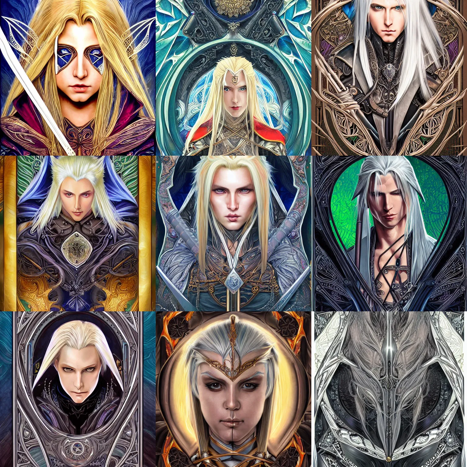 Image similar to head-on symmetrical centered painted portrait, Sephiroth as elf ranger, blonde hair, leather armour, art nouveau, tarot card style, complex fractal tarot card background, fantasy, intricate, elegant, highly detailed, smooth, sharp focus, illustration, artstation, in the style of Artgerm and Anna Podedworna and Alex Ross and Mucha