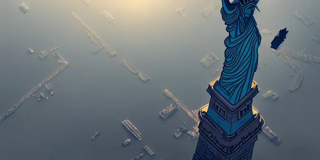 Image similar to highly detailed portrait of a giant statue of liberty, look down from sky, by pablo carpio, dramatic lighting, dynamic pose, dynamic perspective ， trending on artstation