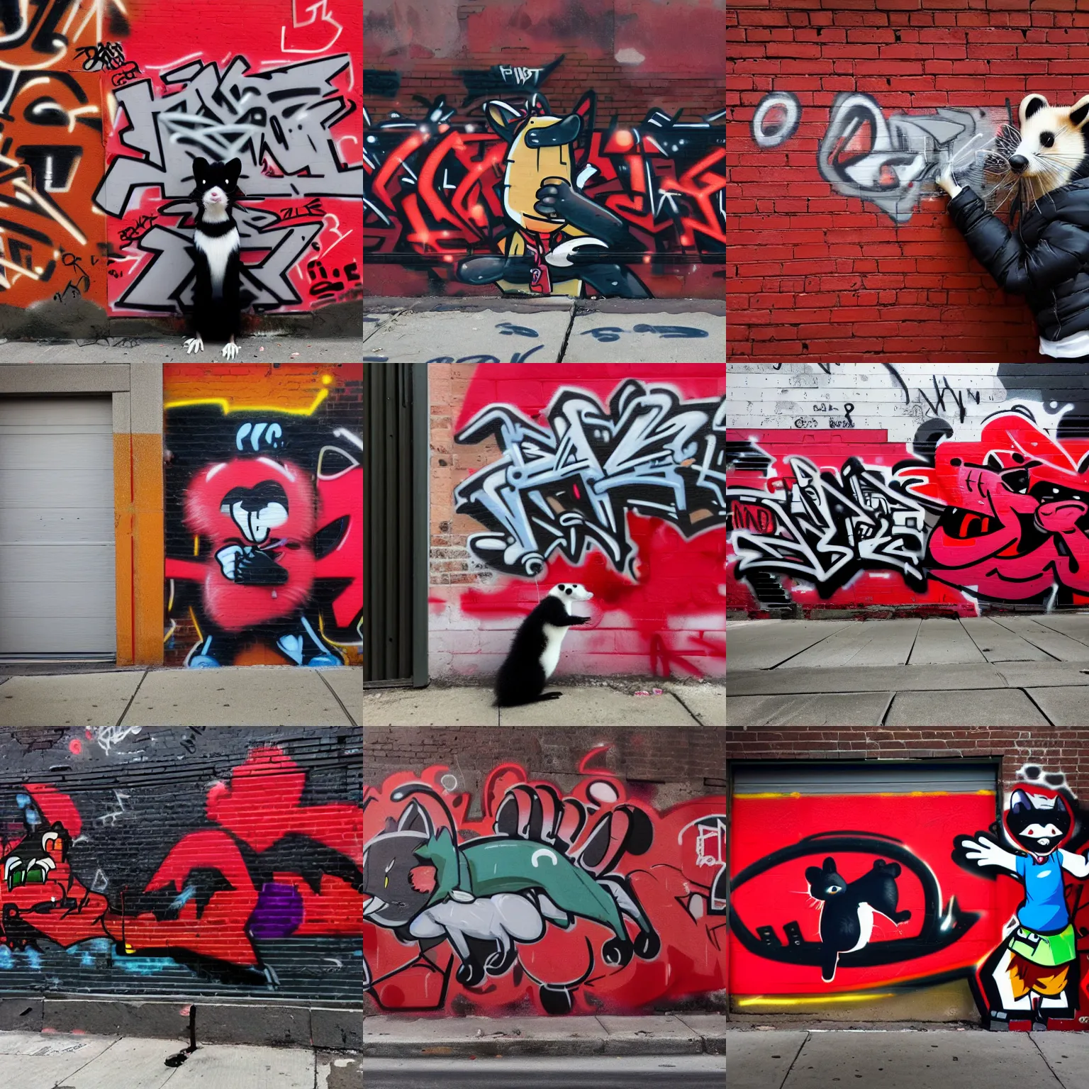 Prompt: photo [ far ], subject [ furry _ fandom _ fursona _ original _ character ( red - black, anthropomorphic _ furry, weasel - ferret - stoat ) ], medium [ graffiti, wall ], location [ chicago ( alley ) ]