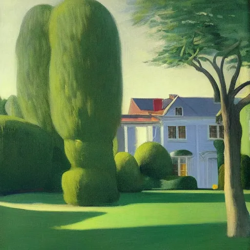 Image similar to serene garden with house in background by edward hopper, high quality, high resolution