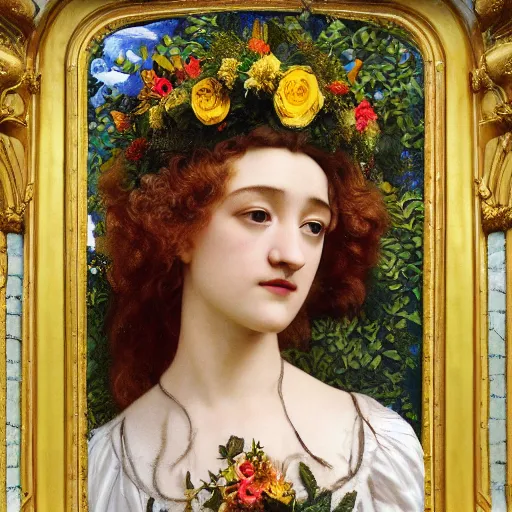 Image similar to masterpiece beautiful seductive flowing curves preraphaelite face midsommar portrait of julia garner as the may queen, flower crown, amongst leaves, yellow ochre ornate medieval dress, amongst foliage, gold gilded circle halo, kilian eng and frederic leighton and rosetti, 4 k