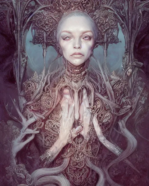 Image similar to a beautiful detailed front view portrait of a dead rotten princess growing ornate baroque, ornamentation, elegant, beautifully soft lit, by wayne barlowe, peter mohrbacher, kelly mckernan