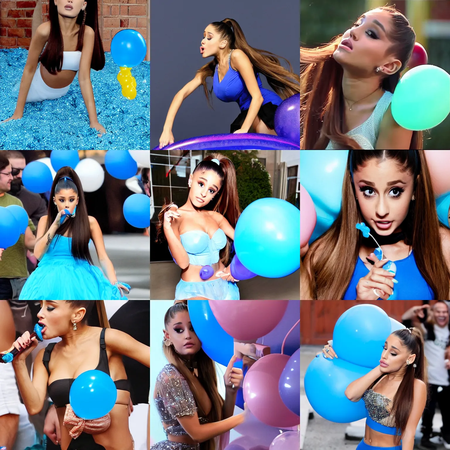 Prompt: Ariana Grande blowing up a blue balloon