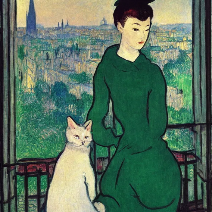 Image similar to woman in green dress with city with cathedral seen from a window frame at sunset. fuzzy white cat. monet, henri de toulouse - lautrec, utamaro, matisse, felix vallotton