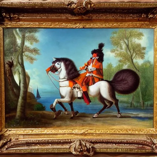 Image similar to a giant fluffy squirrel carrying napoleon bonaparte on its back, beach scene with flowers and foliage, detailed oil painting