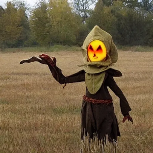 Prompt: elvish scarecrow scaring off goblins