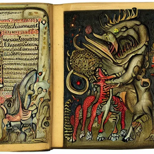 Image similar to medieval bestiary filled with uncanny grotesque beasts and freaky creatures