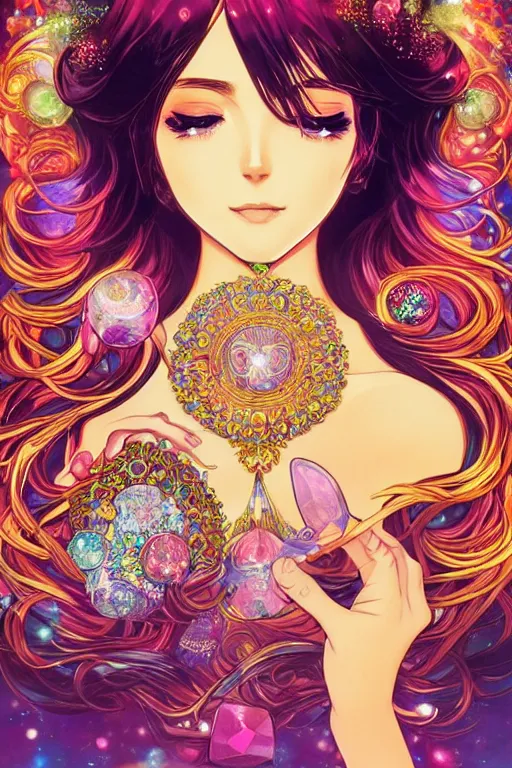 Image similar to psychedelic, intricate, highly detailed, anime, 4k, beautiful seductive woman holding a crystal containing the universe, with professional makeup, long trippy hair, surrounded by gems, underneath the stars, trending on patreon, deviantart, twitter, artstation, volumetric lighting, heavy contrast, by artgerm and Ilya Kuvshinov and alphonse mucha