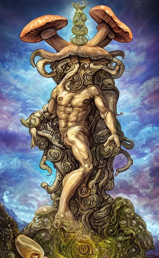 Image similar to a hyperdetailed dnd tarot card design, magnificent shrigma the mushroom deity as depicted in a colossal marble statue ( with godlike bodybuilder physique ) left by ancient greeks, hd tarot card depicting eldritch statue of a mushroom god with cute large mushroom hat, hdr, 8 k, dslr, surreal photo, artstation