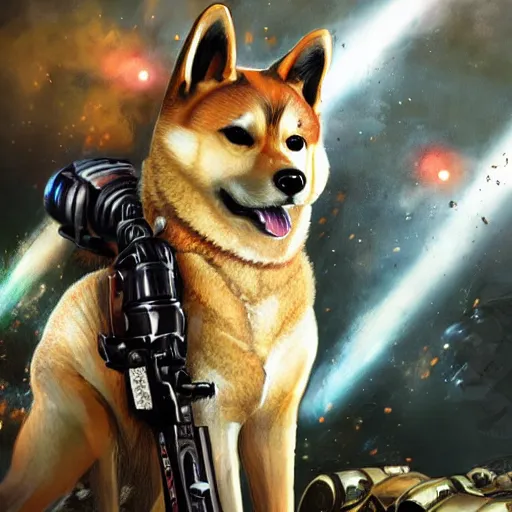 Prompt: anthropomorphic shiba inu, wearing warhammer 4 0 k strongest black exoskeleton power armor without helmet, holding sci - fi laser gatling gun, post apocalyptic sci - fi background