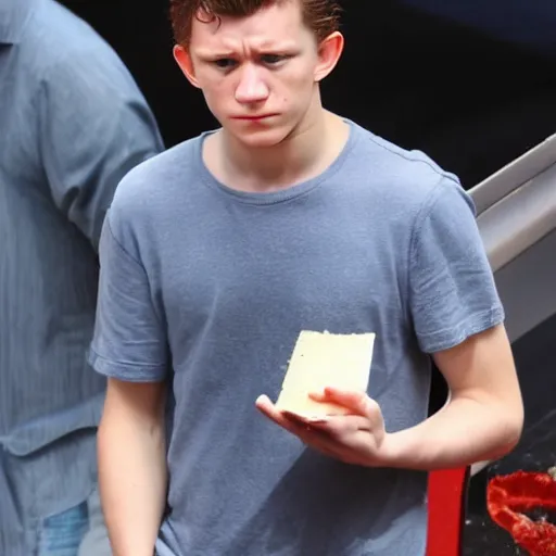 Image similar to sad tom holland holding a wallet full of cheese