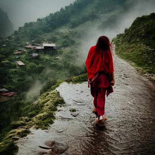 Image similar to define the character of a beautiful girl, messy long red hair, messy wet grey tribal clothes, short torn up pants, she is walking on a mountain and we see down in a deep valley a very poor old shanti town with wooden ruins, medieval time, heavy rain, late at night, mist, cinematic, 8 k,