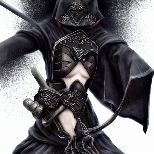 Image similar to character portrait of female hooded ninja thief beetle - rider, battle hardened imposing noble bearing, partially cloaked and hooded in thick black fabrics - exquisitely detailed weaponry and ornate staff, battle armor, dark forest fantasy atmosphere. dramatic lighting, digital painting, intricate, beautiful, rich deep colors masterpiece, sharp focus, ultra detailed