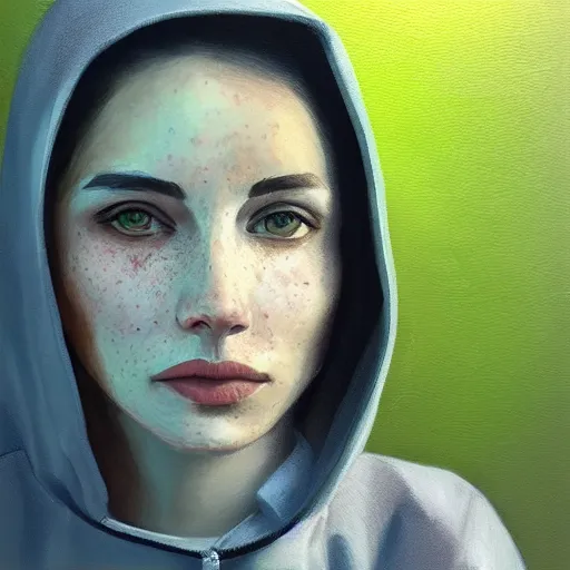 Image similar to woman with freckles, short brown hair, green eyes, wearing a grey hooded sweatshirt, trending on artstation, oil painting, volumetric light