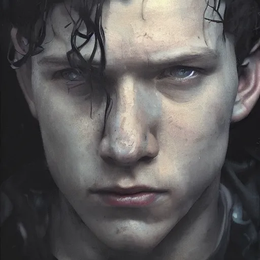 Image similar to tom holland, hyperrealistic portrait, bladerunner street, art of elysium by jeremy mann and alphonse mucha, fantasy art, photo realistic, dynamic lighting, artstation, poster, volumetric lighting, very detailed face, 4 k, award winning