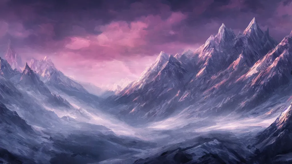 Prompt: mountain range, cold colors, winter, fantasy artwork, award winning, very very very very very very very beautiful scenery, hd, 4k, cinematic wallpaper, trending on artstation