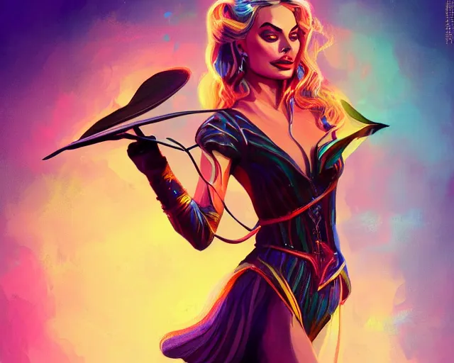 Image similar to margot robbie as a beautiful magician casting colorful spells, fantasy art, in the style of Fernando Juarez, illustration, epic art, fantasy, intricate, elgant, amazing detail, digital painting, artstation, concept art, smooth, sharp focus