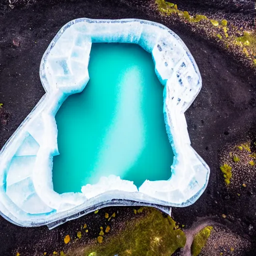 Image similar to top down view of iceland country ice sculpture surrounded by ocean made out of hot lava