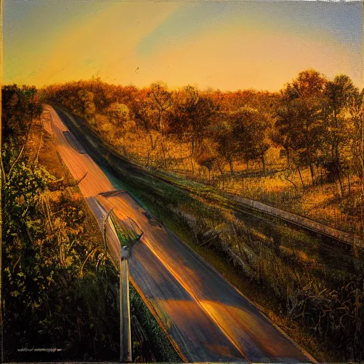 Prompt: overgrown highway, michael pangrazio, golden hour