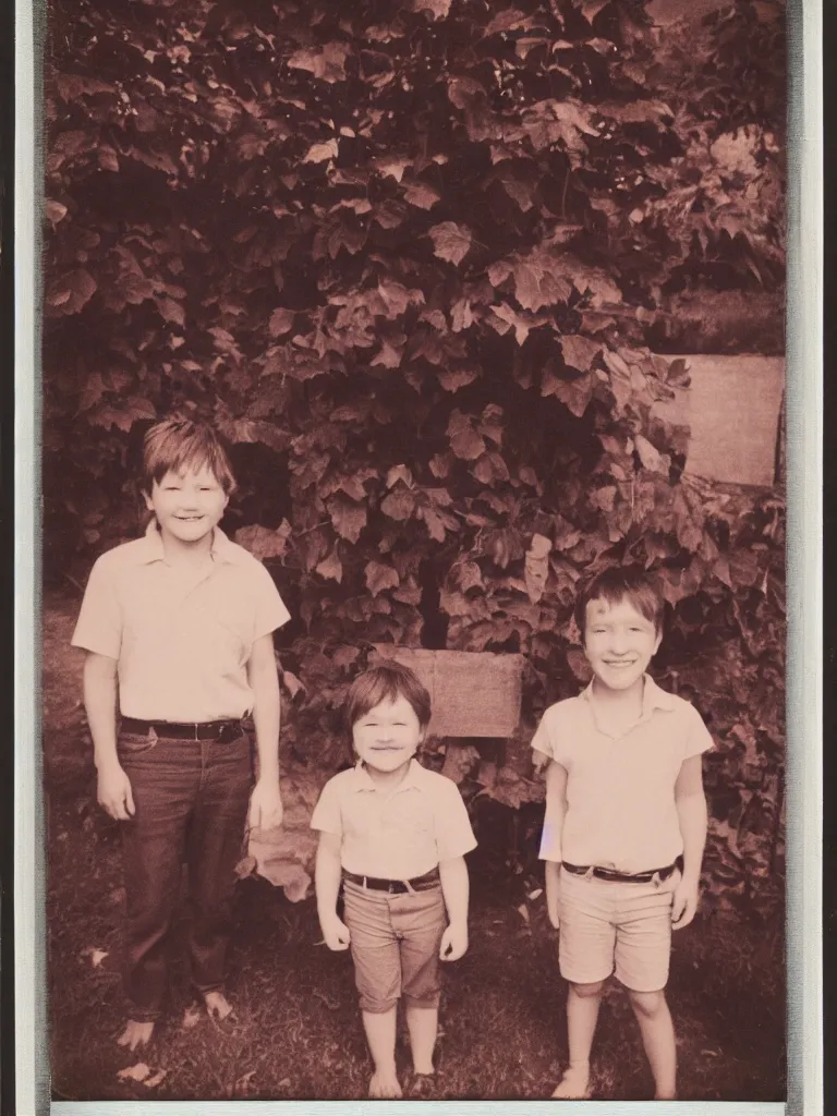 Image similar to two kids posing for a picture at night, god light, small village, town square, vegetation, 1 9 7 0 s, polaroid