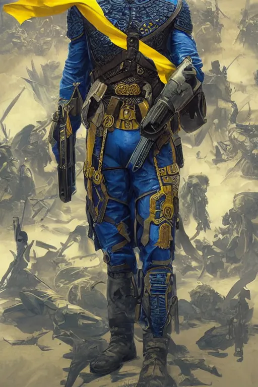 Image similar to shot of Vladimir Zelenskiy as a super soldier with Ukrainian blue and yellow flag on his back, handsome, fantasy, intricate, pile of skulls under his feet, elegant, highly detailed, digital painting, artstation, concept art, smooth, sharp focus, illustration, art by artgerm and greg rutkowski and alphonse mucha