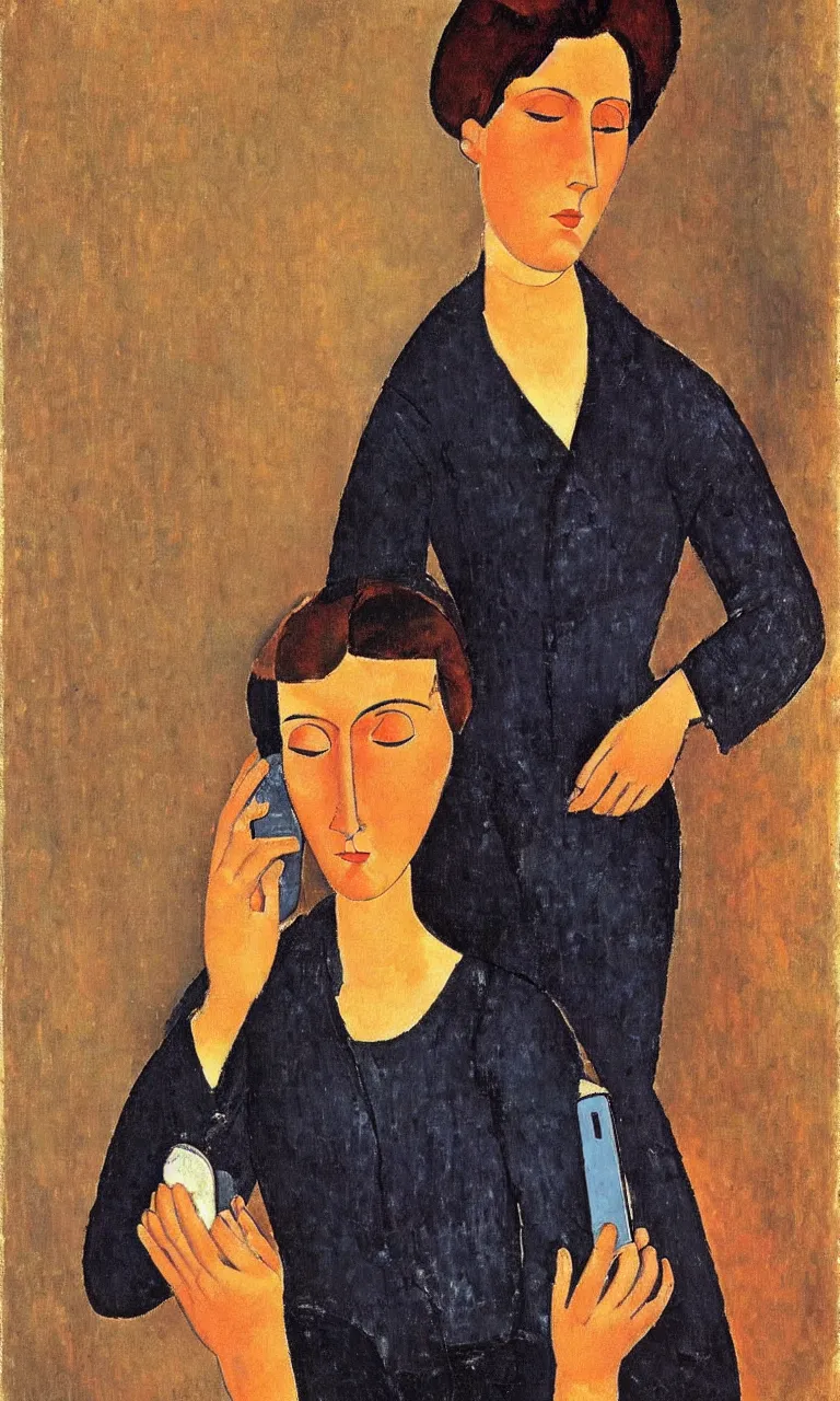 Image similar to amedeo modigliani. portrait of a woman with brown hair and a blue shirt holding an iphone in her hand. very soft brush.