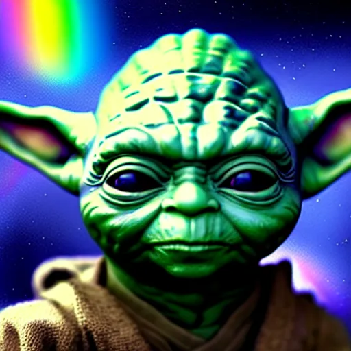 Image similar to Yoda getting high, in space, rainbow and unicorn, realistic faces, grimdark extremely detailed fantasy art by Gerald Brom, octane render