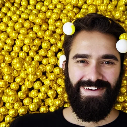 Image similar to a man with a beard in only one side looking at the camera, under a ball pool of yellow and white balls.