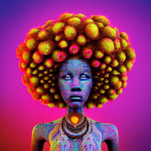 Image similar to a female african marijuanna! shaman with an afro made of flowers, third eye art art by machina infinitum, complexity from simplicity, rendered in octane, mandelbulb 3 d, ambient occlusion, macro photography, felt!!! texture, tribal, pastel! retrowave