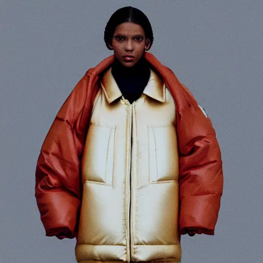 Image similar to realistic photoshooting for a new acne studio lookbook, color film photography, close up, model is wearing a puffer jacket, photo of a woman, photo in style of tyler mitchell, 3 5 mm, vetements, balenciaga, commes des garcon