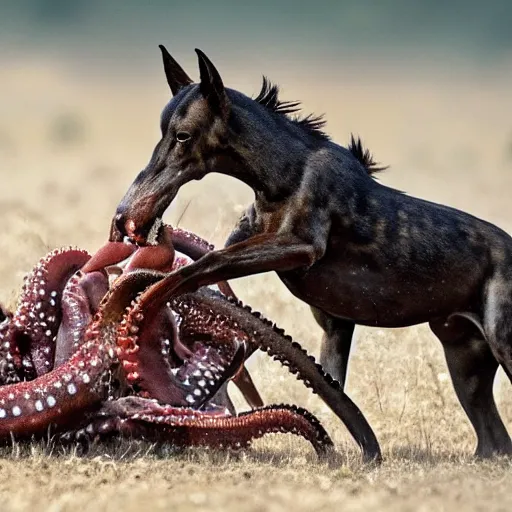 Image similar to National Geographic photo of horse full of octopus being eaten by African hunting dogs