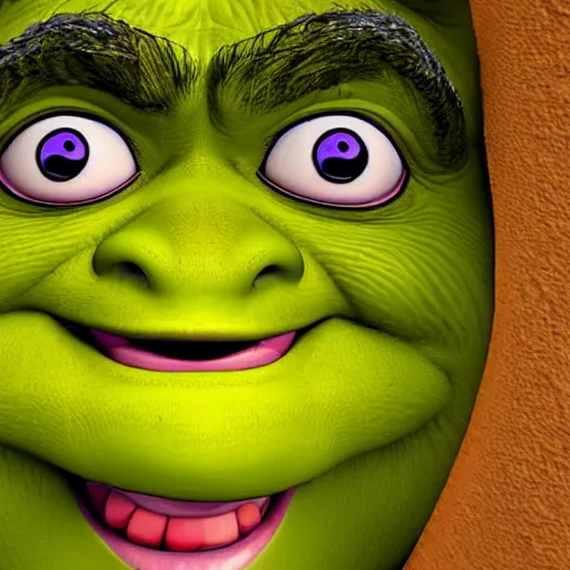 Image similar to a close up portrait from an awkward fisheye angle of shrek with large bloodshot eyes bulging out of their sockets as shrek's mouth is agape from coughing profusely