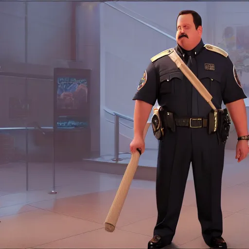Image similar to paul blart as mall cop holding a plunger, ultra realistic, concept art, intricate details, highly detailed, photorealistic, octane render, 8 k, unreal engine, art by frank frazetta, simon bisley, brom