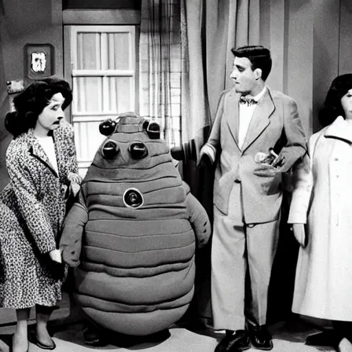 Prompt: 5 0 s tardigrade sitcom about giant tardigrades living in a house and wearing clothes. no one but tardigrades are on the show.