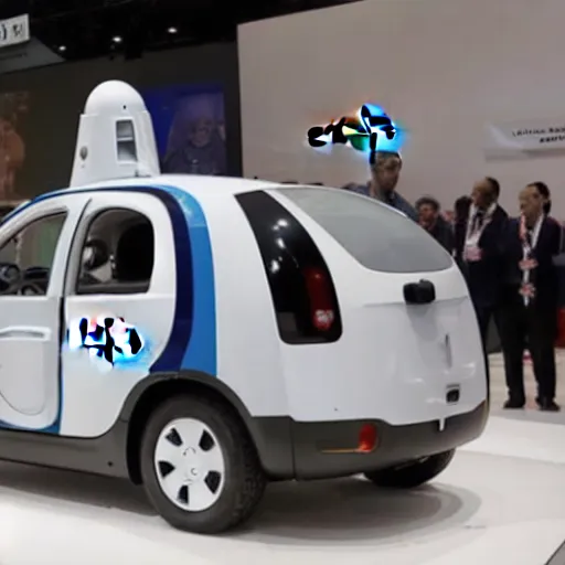 Prompt: google self driving car equipped with multiple rocket launcher system, photo from defense innovations expo 2 0 2 0