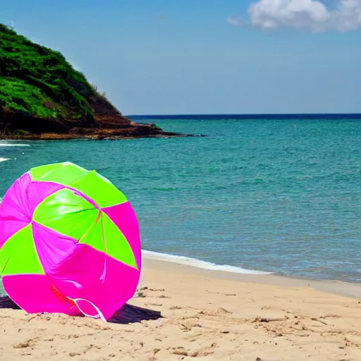 Prompt: a massive lilly pulitzer beach umbrella next to a pink and lime green beach ball on a scenic beach,