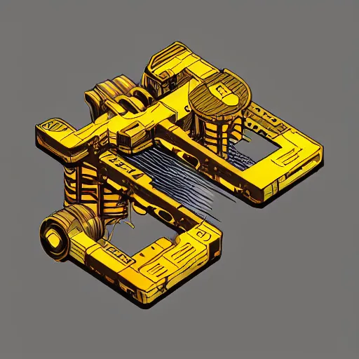 Image similar to annotated highly detailed and intricate 4 5 degree isometric cross section of mad cat mecha marker concept art style render : : metalic yellow and brown : :